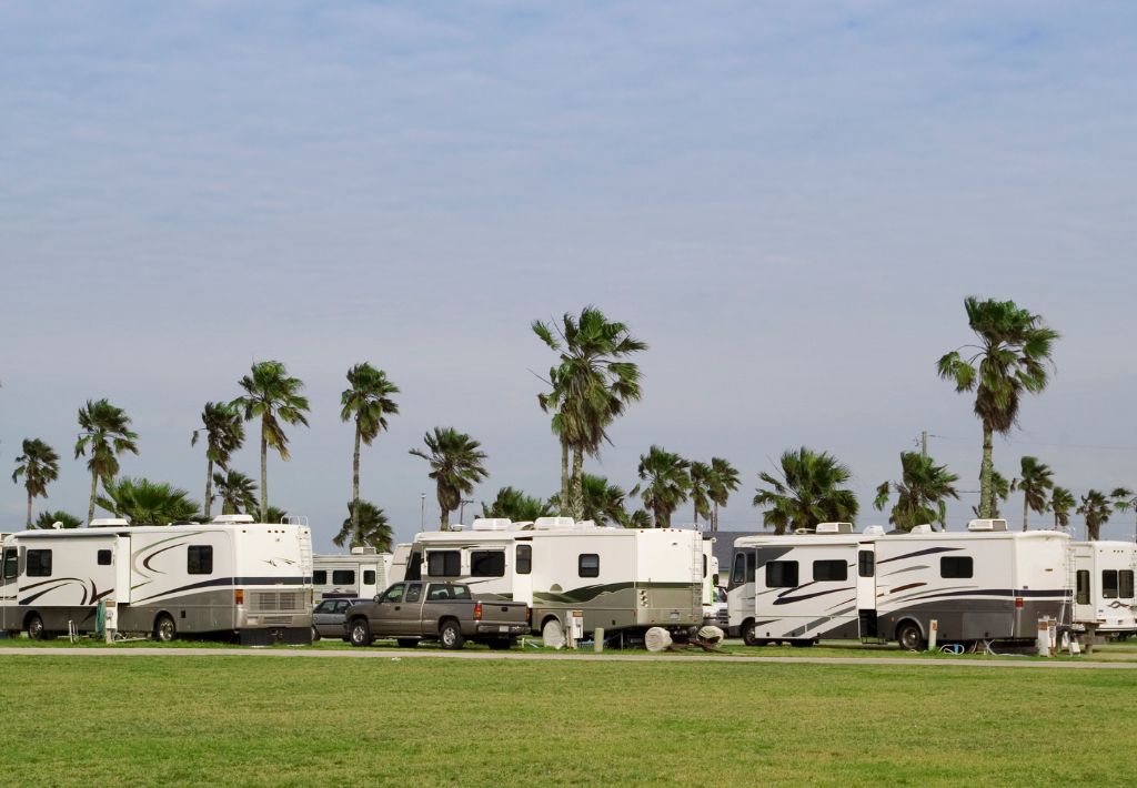 self-storage developers build facilities to store rv's like the ones seen in this picture which are also surrounded by palm trees